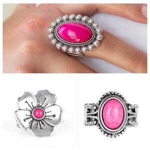Pink stone silver rings - set of 3